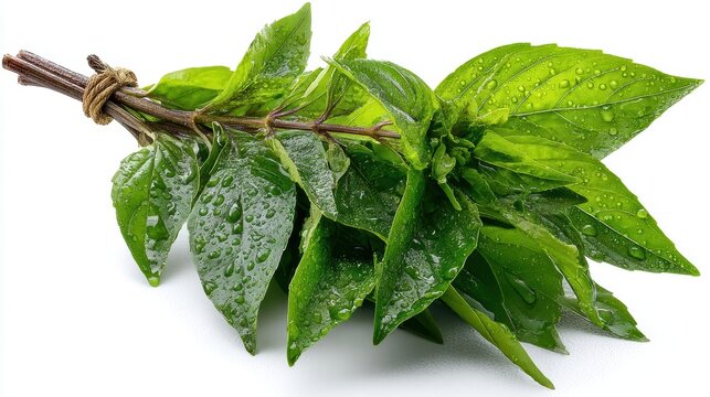 a fresh bunch of fresh basil with fragrant green leaves on a white isolated background, aromatic and vibrant design