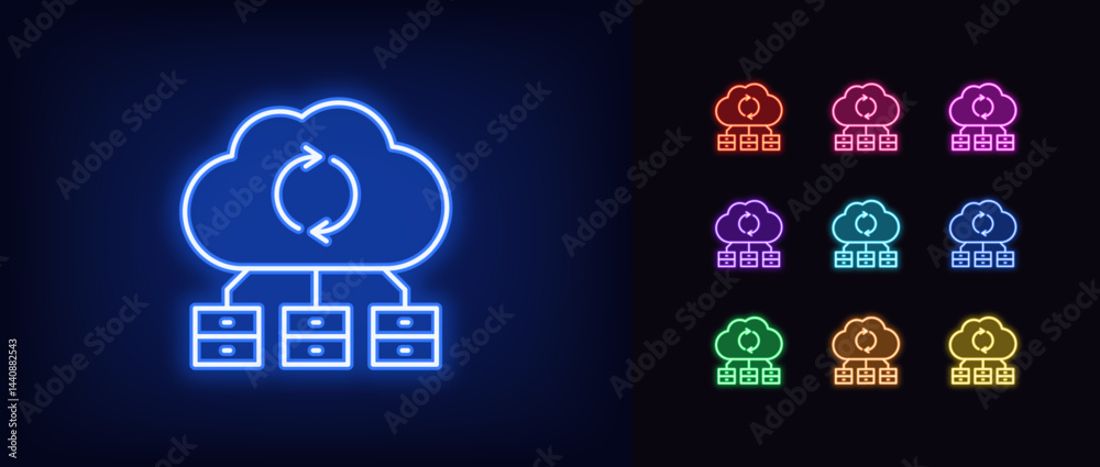 Poster outline neon cloud server icon. glowing neon cloud infrastructure for secure data storage, digital s