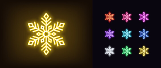 Outline neon snowflake icon. Glowing neon decorative snowflake with pattern, frozen star icon. Geometric snowflake with ornament, winter decoration, frost time, cold season. Vector icon set