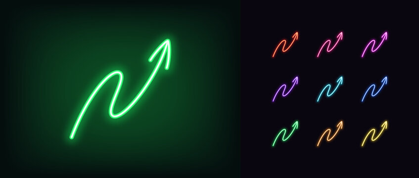 Outline neon winding arrow icon. Glowing neon hand drawn curve arrow icon, doodle line arrowhead. Wriggle arrow, hand drawn pointer, serpentine navigation, move direction. Vector icon set