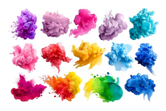 A set of watercolor splashes in rainbow colors, isolated on a diffrent collers or white background, showing a beautiful and colorful array.