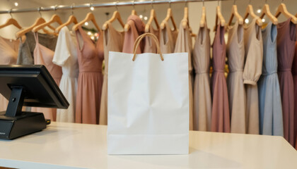 white paper bag in women's clothing store with dresses hanging on hangers