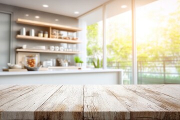 A wooden table in the foreground with a bright, modern kitchen and large windows in the background.