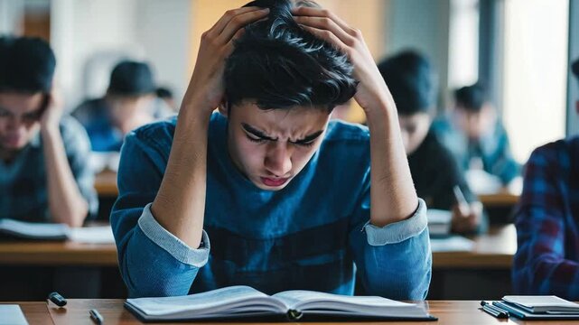 Stressed student struggles with studies in classroom: concentration and academic pressure