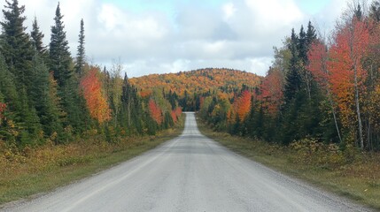 Fototapeta premium Empty road flanked by autumn trees with vibrant orange and red leaves