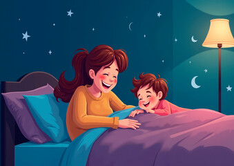 The mother puts her son to bed
