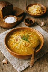 Warm Bowl of Cabbage Soup With Bread and Toppings on a Rustic Wooden Table