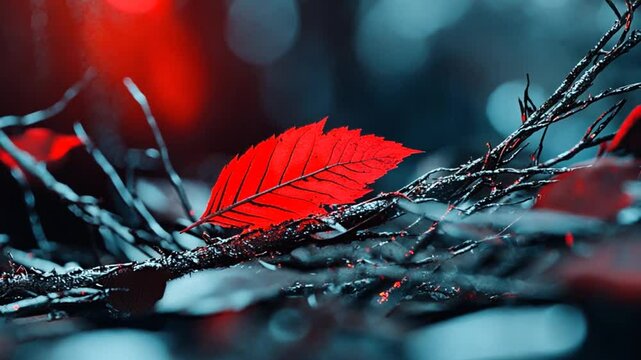 A vibrant red leaf resting on a dark branch amidst a blurred, moody forest background
