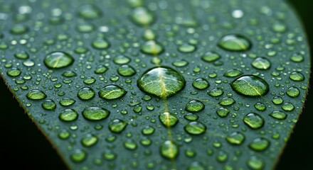 Water Droplets on Green Leaf Macro View