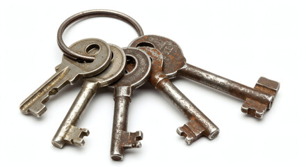 A detailed view of antique metal keys, with a ring, isolated against a white backdrop.