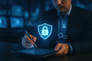Businessman working on a digital tablet with a cybersecurity lock icon and virtual interface display, symbolizing data protection, online security, information technology in a modern business setting