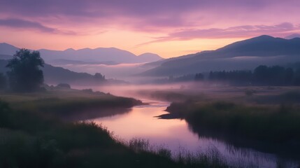 Fototapeta premium Serene river sunrise casts mystic veil