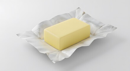 Golden Butter Block: A pristine block of butter rests elegantly, its rich yellow hue against the backdrop of soft paper.