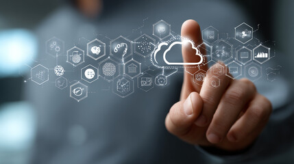 A dynamic scene featuring a businessman interacting with cloud computing interfaces and digital transformation tools. Generative AI