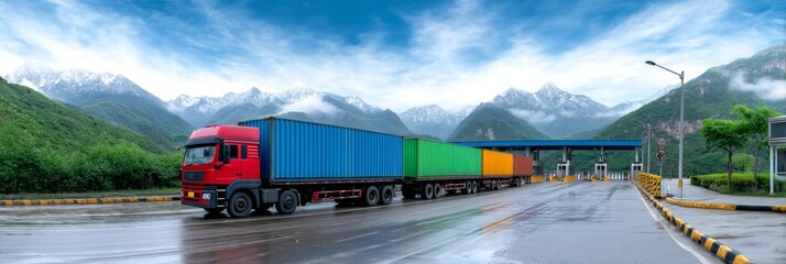 Trucking Through Majestic Mountains - A red semi-truck hauling colorful shipping containers drives on a wet road through a mountain pass