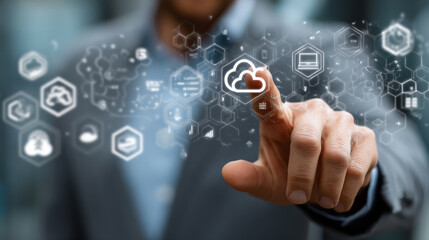 A dynamic scene featuring a businessman interacting with cloud computing interfaces and digital transformation tools. Generative AI