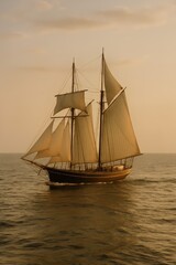 Sailing Ship With Billowing Sails Gliding Across Calm Waters at Sunset