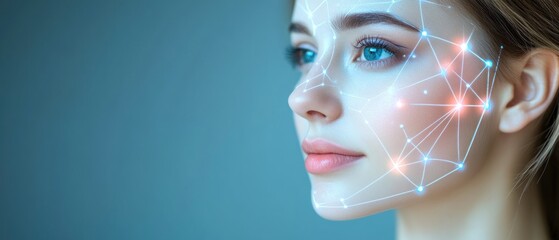 Woman's face, digital overlay, futuristic tech, profile view, blue background, security