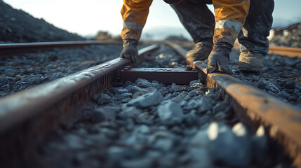 Railroad Worker Inspecting Tracks