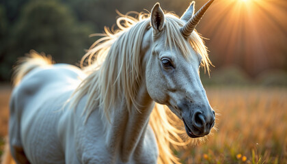 Obraz premium Ethereal Unicorn Bathed in Magical Golden Sunset Radiance