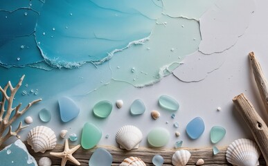 Muscheln und Seeglas auf Blau-Weißem Hintergrund