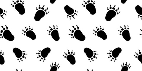 Vector paw trail of bear animal footprint seamless pattern. Grizzly tracks on white background. Print with bear footprints black silhouette.