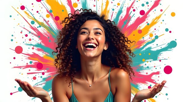 Smiling woman of mixed ethnicity with curly hair, celebrating joy against a vibrant, colorful backdrop.