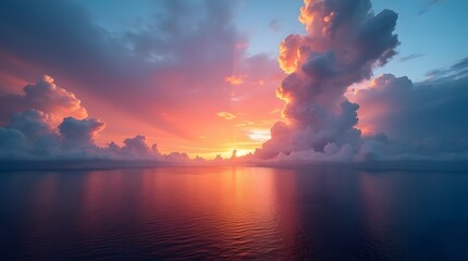Vibrant sunset over a tranquil ocean, featuring dramatic clouds reflecting colorful hues of orange and pink.