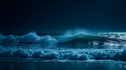 Fototapeta premium A serene ocean wave glimmers under the moonlight, reflecting a tranquil blue hue in the night sky.
