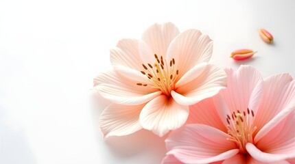 Fototapeta premium Two delicate pink flowers with soft petals and intricate details, set against a gentle white background.
