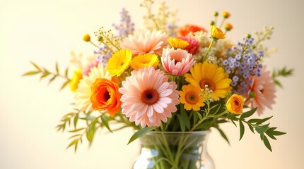 A vibrant bouquet of mixed flowers, including daisies, ranunculus, and accent foliage, bringing a cheerful touch to any space.