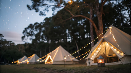 Blurred photo of camping tents with lighting decoration at night