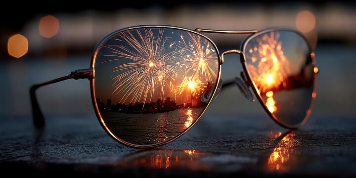 Reflections of fireworks in sunglasses during a celebration. Independence Day