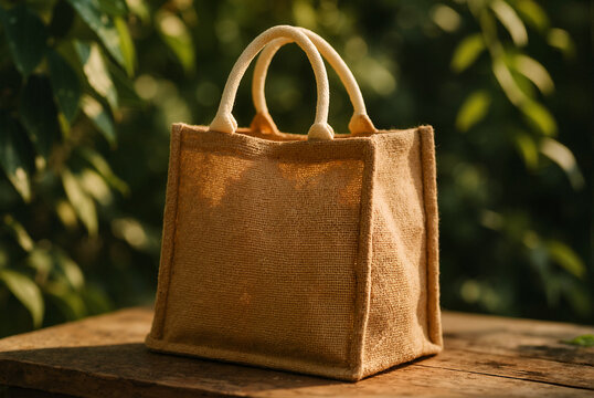 A realistic photo of a jute tote bag with visible coarse texture and cotton handles, placed on a wooden surface. Natural warm  sunlight highlights the organic and rustic vibe
