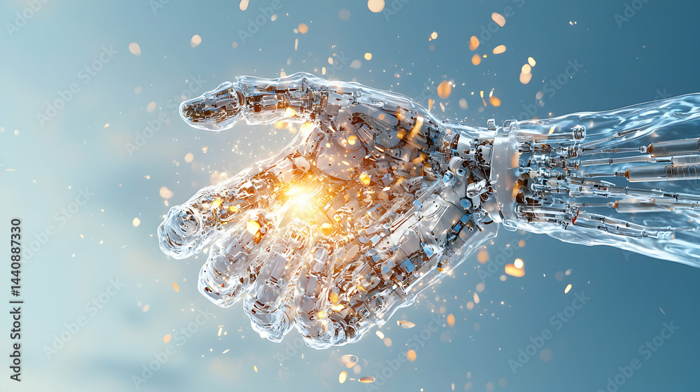 Poster a futuristic rendering of a mechanical hand made of interconnected components with energy radiating 