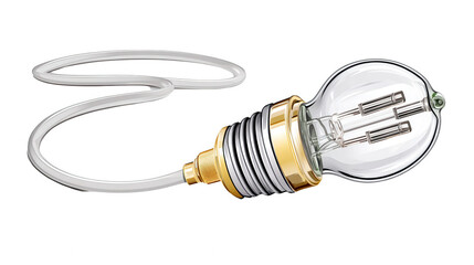 A lightbulb concept with visible filaments and electrical wi on white.