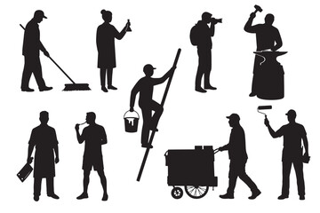 Obraz premium Group of Workers in Various Occupations Silhouette Vector Illustration icon Black Job Concept. Multiple Occupation Workers Silhouette Vector Set Featuring Diverse Job Roles and Labour Activities
