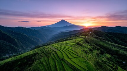 Fototapeta premium Volcanic Sunrise Over Rice Terraces - Serene sunrise paints the sky vibrant hues, illuminating lush green rice terraces clinging to volcanic slopes. Symbolism: peace, abundance, nature's beauty