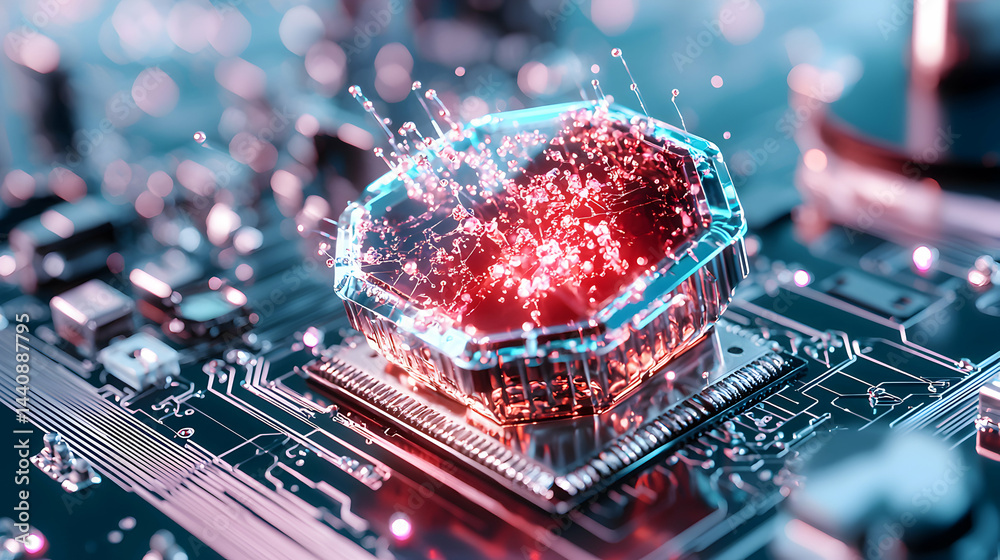 Poster an artistic depiction of a cpu processor glowing with data flow. suitable for tech illustrations or 