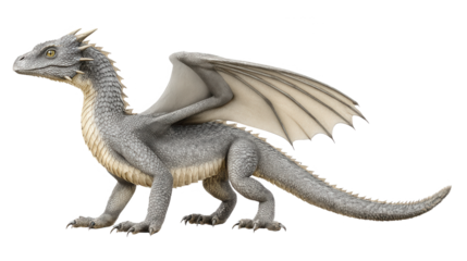 A digitally rendered gray dragon stands on white background with its wings.