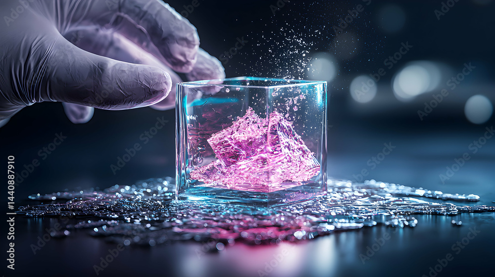 Poster a gloved hand interacts with a cube containing a dissolving pink substance. perhaps a futuristic exp
