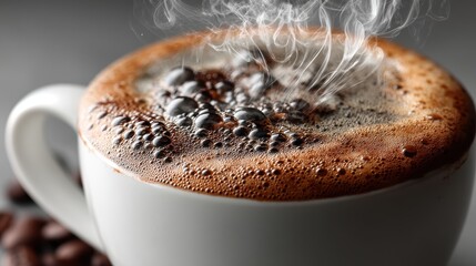a steaming cup of hot coffee with a layer of frothy milk on a white isolated background, rich and aromatic design