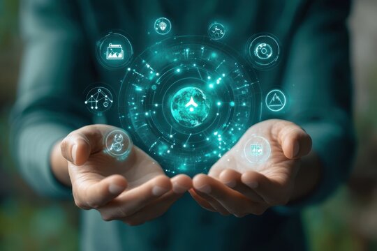 Person holding glowing digital interface with globe and various icons in their cupped hands
