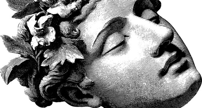 Classical sculpture: serene face with floral crown in black and white.