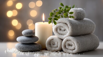 Spa-themed still life with towels, candles, and stones; relaxation setting; home spa; possible use for wellness, spa products advertising, or interior design catalogs