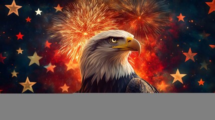 Patriotic Eagle: A majestic eagle is emblazoned against a backdrop of vibrant fireworks and stars, symbolizing freedom, power, and national pride. A true testament to the spirit of liberty.