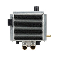 Fototapeta premium Automotive Heater Core (Frontal View): A frontal view of an automotive heater core featuring compact aluminum fins and dual inlet/outlet tubes, isolated on a transparent background.