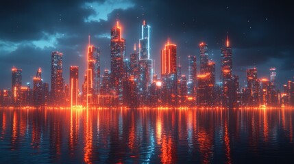 Obraz premium Neon Cityscape at Night: Futuristic Metropolis Reflecting on Calm Waters