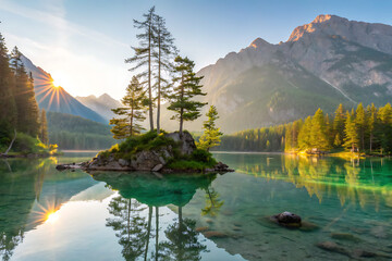 Naklejka premium Majestic mountain landscape with turquoise lake and golden sunrise reflection