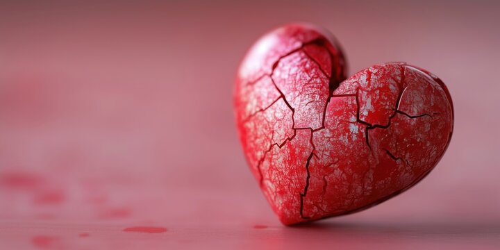 Cracked red heart symbolizing love and heartbreak on soft pink background